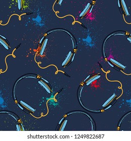 Abstract seamless pattern with headphones. Blue background with bright element. Funny Repeated backdrop.