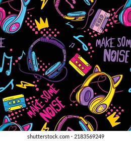 Abstract seamless pattern with headphones, .  Girlish gaming fashion  bright background for textile