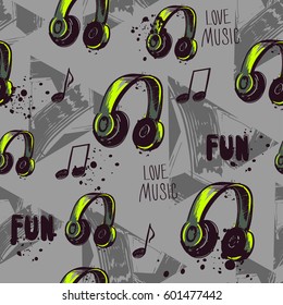 Abstract seamless pattern with headphones, notes, shape geometric elements, triangles, spray paint, ink. Grey background with bright element.  Funny Repeated  backdrop I Love Music