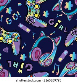 Abstract seamless pattern with headphones, pink joysticks.  Girlish gaming fashion  bright background for textile