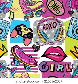 Abstract seamless pattern with headphones, skateboard, photo camera. Girlish fashion  bright background for textile