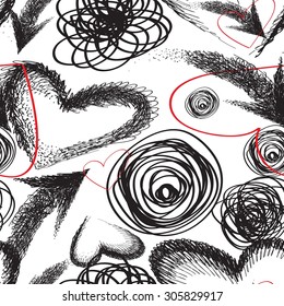 Abstract seamless pattern with hearts and arrows. Texture with  hand-drawn doodles. It reminds scratch, painted marker or pen
