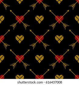 Abstract  seamless pattern with  hearts and arrows. Symmetry  gothic black, red and gold background. Vector illustration. Classic design. Cute print for textile, wrapping, web, invitation or cosplay.