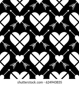 Abstract  seamless pattern with  hearts and arrows. Symmetry   black and white background. Vector illustration. Classic design. Cute print for textile, wrapping, web, invitation or cosplay.
