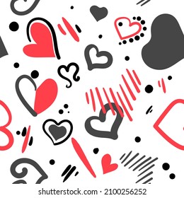 Resumen de un patrón sin fisuras de corazones, puede ser utilizado para el Día de San Valentín, bodas, para empaque, telas, menús. Ilustración vectorial de material en estilo doodle.
