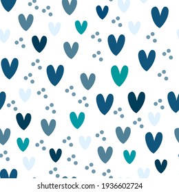 Abstract seamless pattern with hearts and dots in pastel blue green colors