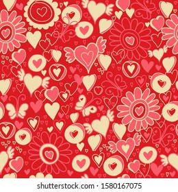 Abstract seamless pattern with hearts, flowers on red background. Doodles. Valentine card. Template for wrapping paper, textile, invitation, greeting cards. Vector illustration