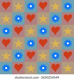 Abstraktes, nahtloses Muster mit Herzen, Blumen und Sternen.