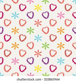 Abstract Seamless Pattern with  Hearts and Flowers. Vector Illustration. 