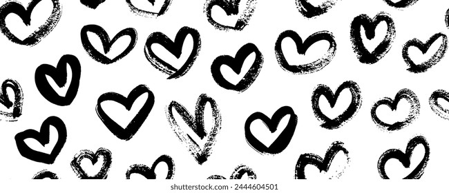 Abstractas corazones sin patrón. Patrón sin costuras con corazones dibujados a mano. Corazones pintados con brocha seca. Ilustración de tinta. Adorno para papel de embalaje.