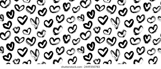 Abstract seamless  pattern hearts. Seamless pattern with hand drawn hearts. Hearts painted dry brush. Ink illustration. Ornament for wrapping paper.