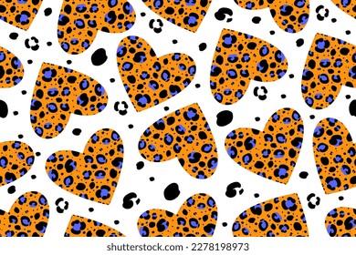 Abstract seamless pattern with hearts and leopard print. Black stains and animal fur texture on white background 