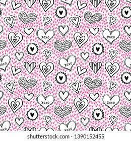Abstract seamless pattern of hearts on white background. Hand-drawn doodle illustration for a poster or cover. Vector illustration. EPS 8