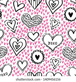 Abstract seamless pattern of hearts on white background. Hand-drawn doodle illustration for a poster or cover. Vector illustration. EPS 8