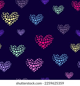 Abstract seamless pattern with hearts on dark purple background. Valentine’s Day wrapping paper. Ornament for 14th February. Dots heart endless print for fashion textile. Cover romantic background