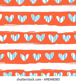 Abstract seamless pattern of hearts on red stripes. Repeating texture. Figure for textiles.