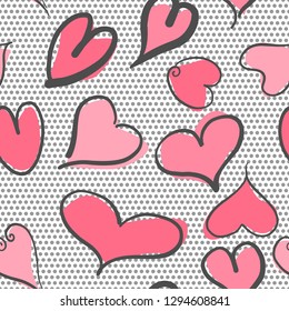 Abstract seamless pattern with hearts and polka dots background. Valentine hearts with hand draw