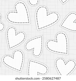 Abstract seamless pattern of hearts. Random hearts with stiches. White hearts on gray background. Heart shaped patches. Monochrome pattern for your valentine design projects