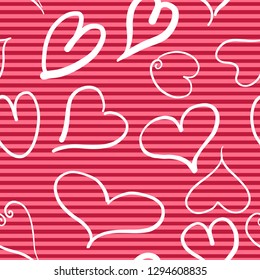 Abstract seamless pattern with hearts and red striped background. Valentine hearts with hand draw
