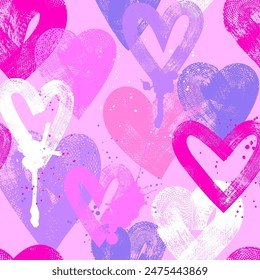 Abstract seamless pattern with hearts, urban elements, brush, lines,  sprays. Pink and blue wallpaper for girls. Grunge background with bright colors hearts and spay paint