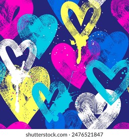 Abstract seamless pattern with hearts, urban elements, brush, lines,  sprays. Blue wallpaper for girls. Grunge background with bright colors hearts and spay paint