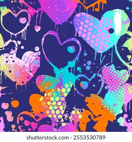 Abstract seamless pattern with hearts, urban elements, brush, lines,  sprays. Wallpaper for girls. Grunge background with bright neon colors hearts and spay paint