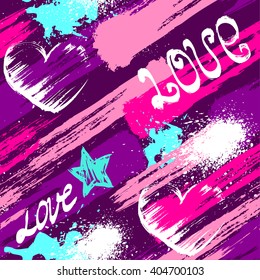 Abstract seamless pattern with hearts, urban elements, drops, brush, lines stars, sprays. Pink and blue wallpaper for girls. Grunge background with bright colors hearts and spay paint
