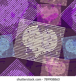 Abstract seamless pattern with hearts, urban elements, drops, brush, lines stars, sprays. Pink and blue wallpaper for girls. Grunge background with bright colors hearts and spay paint