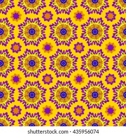 abstract seamless pattern with hearts,floral,ethnic elements.Bright Vector illustration with fantasy circular patterns.Purple,orange,yellow,blue.print for Wallpaper,fabrics,textile,wrapping paper.
