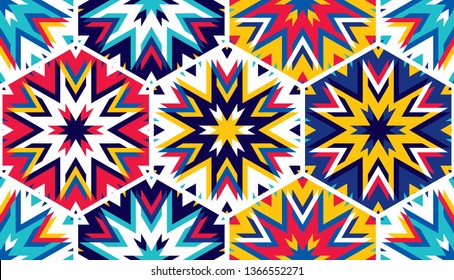 Abstract seamless pattern with hexagonal structure. Bright saturated colors for your design.