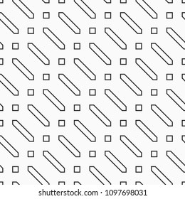 Abstract seamless pattern of hexagons and squares. Diagonal arrangement. Geometric lattice. Tiles motif. Linear style. Simple graphic print. Vector monochrome background.