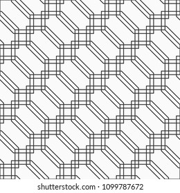 Abstract seamless pattern of hexagons and squares. Diagonal arrangement. Geometric lattice. Tiles motif. Linear style. Simple graphic print. Vector background.