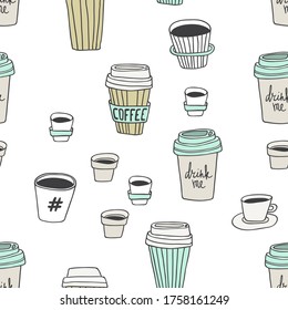 Abstract seamless pattern with hfnd drawn coffee to go cups. Beautiful modern texture with chaotic painted elements. Multicolored background for your web design, backdrops, wrapping