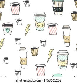 Abstract seamless pattern with hfnd drawn coffee to go cups. Beautiful modern texture with chaotic painted elements. Multicolored background for your web design, backdrops, wrapping