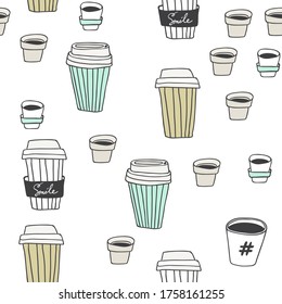 Abstract seamless pattern with hfnd drawn coffee to go cups. Beautiful modern texture with chaotic painted elements. Multicolored background for your web design, backdrops, wrapping