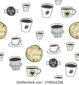 Abstract seamless pattern with hfnd drawn coffee to go cups. Beautiful modern texture with chaotic painted elements. Multicolored background for your web design, backdrops, wrapping