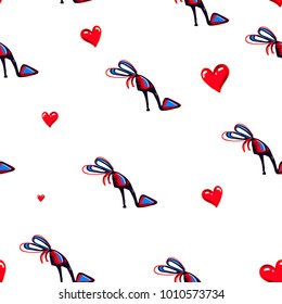 Abstract Seamless pattern with high heel shoes, bow, red hearts. Fashion repeated backdrop for textile, Clothes, wrapping paper. Fancy Iterative wallpaper. Girlish Creative style
