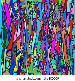 Abstract seamless pattern in hippie style. Bright multicolored shapes. Incorrect, stripes, waves, semicircles. Vector