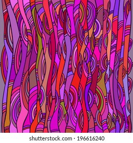 Abstract seamless pattern in hippie style. Bright multicolored shapes. Incorrect, stripes, waves, semicircles. Vector 