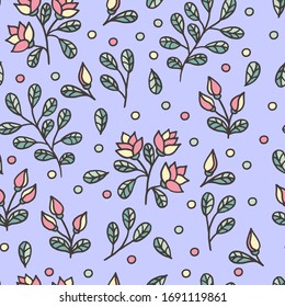 Patrón abstracto sin fisuras con contornos blancos de bellas flores sobre un fondo púrpura, para el diseño de cubiertas, embalajes, impresos en textiles, papel pintado, tela
