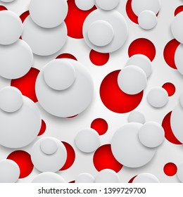 Abstract seamless pattern of holes and circles with shadows in white colors on red background