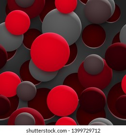 Abstract seamless pattern of holes and circles with shadows in red and gray colors on black background