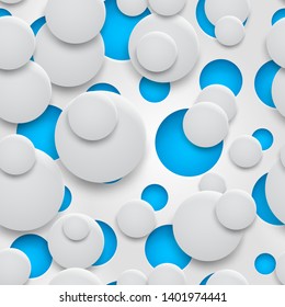 Abstract seamless pattern of holes and circles with shadows in white colors on blue background
