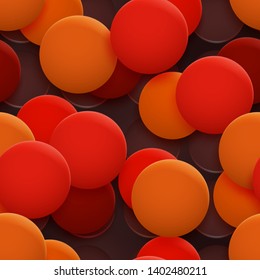 Abstract seamless pattern of holes and circles with shadows in orange colors on black background