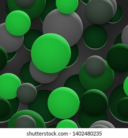 Abstract seamless pattern of holes and circles with shadows in green and gray colors on black background