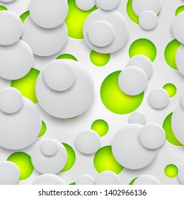 Abstract seamless pattern of holes and circles with shadows in white colors on green background
