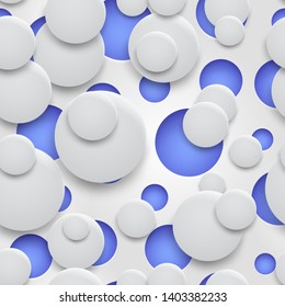 Abstract seamless pattern of holes and circles with shadows in white colors on blue background