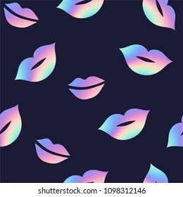 Abstract seamless pattern with holographic lips on a blue background. For fabrics, textiles, bunches, backpacks, wrapping paper, web, fashion, clothes, covers.