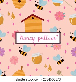Abstract seamless pattern with honey and bees. Honey set with beehives, flowers, honey and bees for textile and wrapping