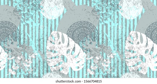 Abstract seamless pattern. Horizontal banner. Stripes, leaves, flowers, geometric shapes. Vector illustration